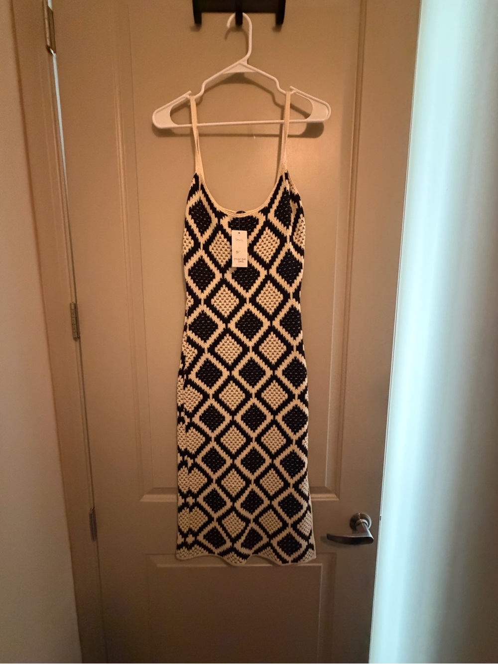 Black & White Diamond Knit Spaghetti Strap Midi Dress